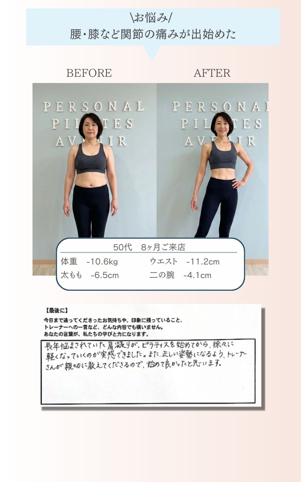 50代・腰や膝の痛みでアヴニールに通われたお客様の Before After 写真