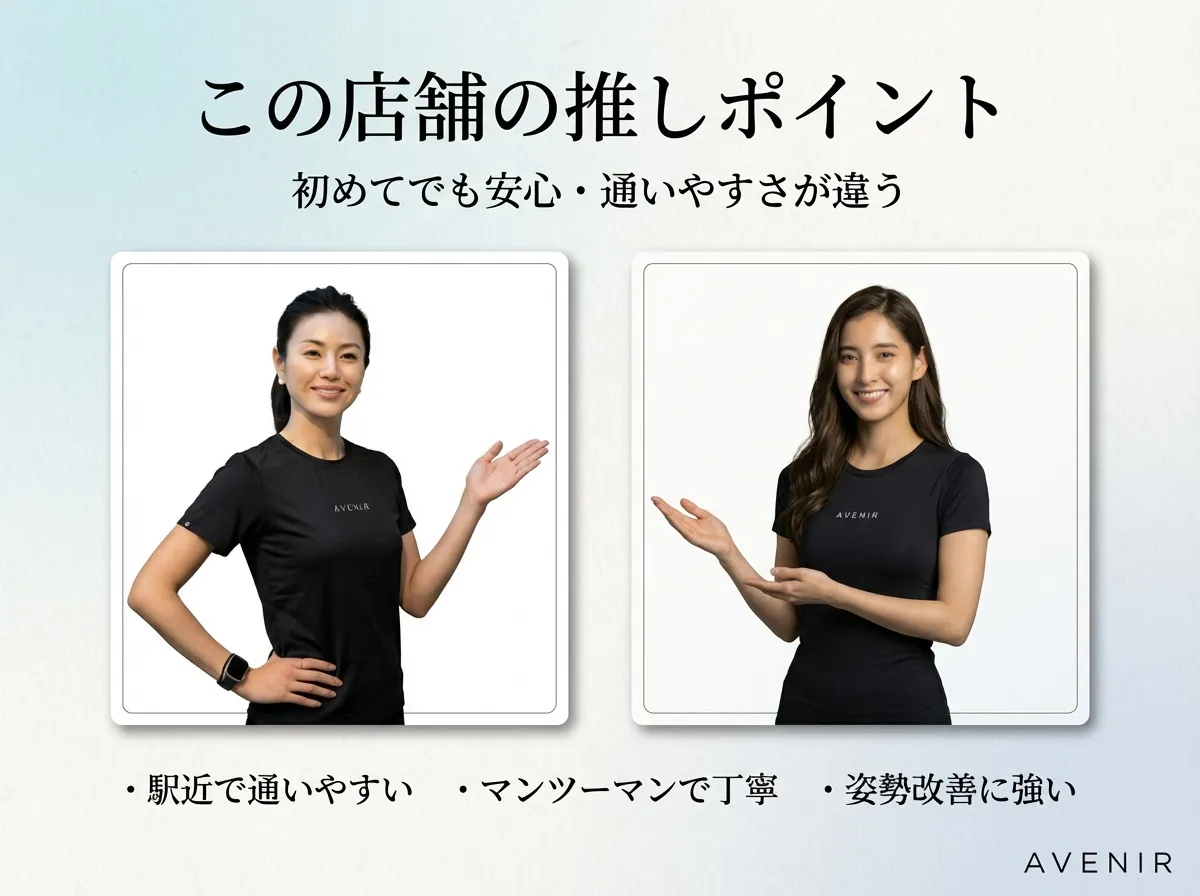 ピラティスアヴニール岡本店の推しポイントを紹介するバナー